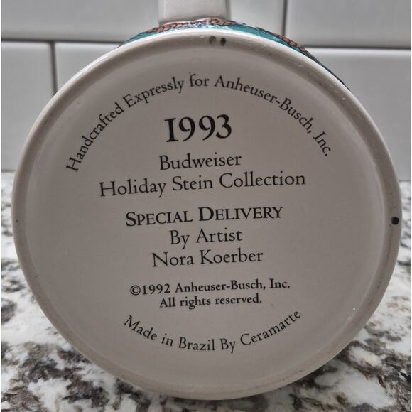 1993 Budweiser Holiday Stein Collection Special Delivery By Artist Nora Koerber - Picture 4 of 5